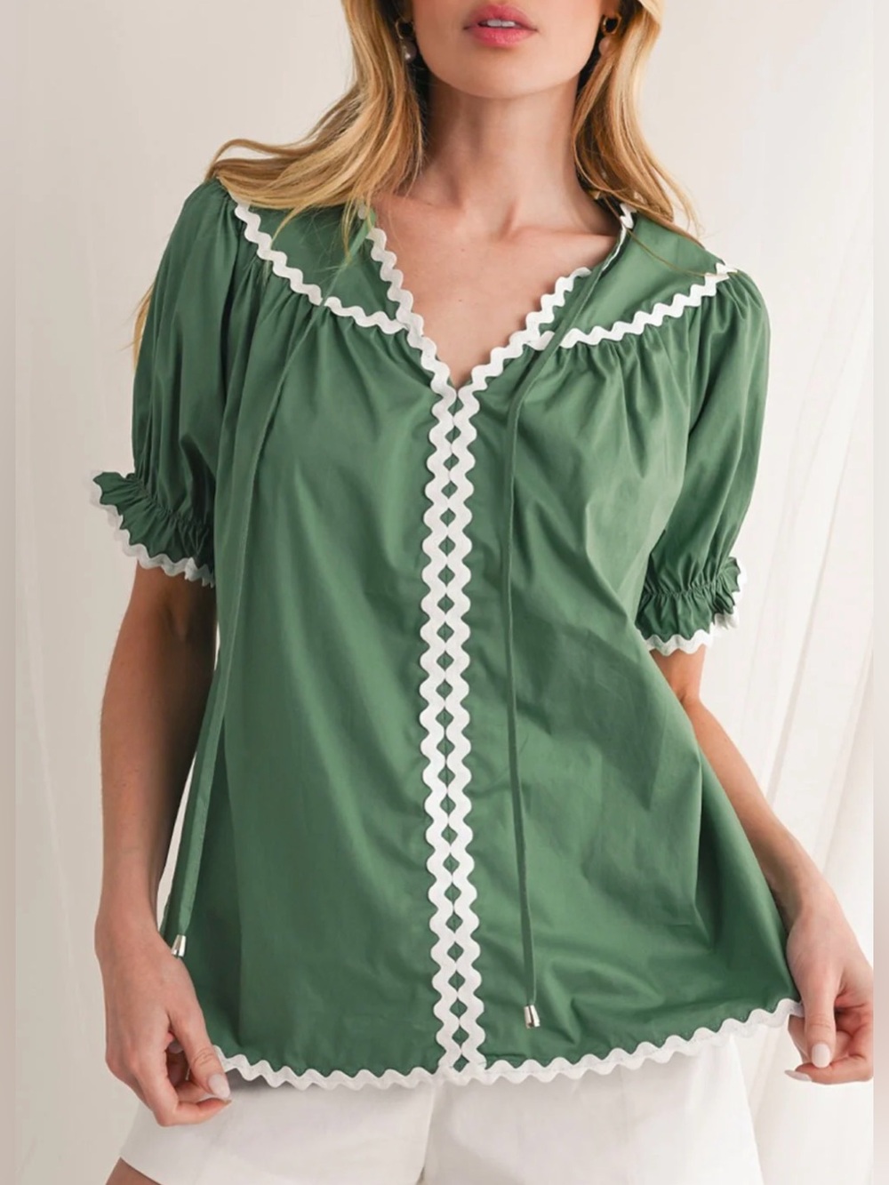 Green Cotton Puff Sleeve V Neck Ricrac Preppy Blouse Small